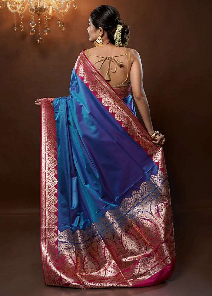 Blue Banarasi Silk Saree With Blouse Piece - Image 3