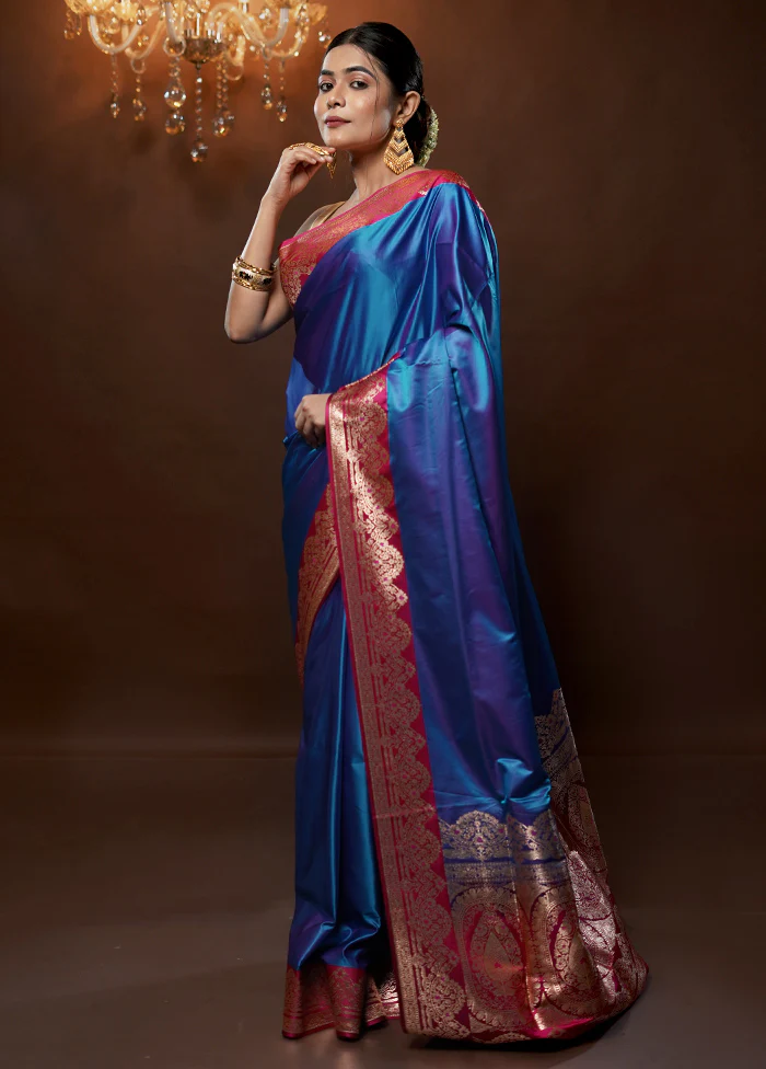 Blue Banarasi Silk Saree With Blouse Piece - Image 4