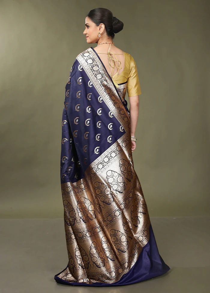 Blue Banarasi Silk Saree With Blouse Piece - Image 3