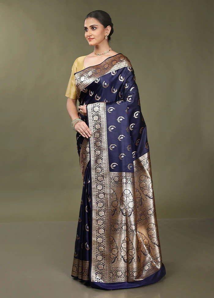 Blue Banarasi Silk Saree With Blouse Piece - Image 4