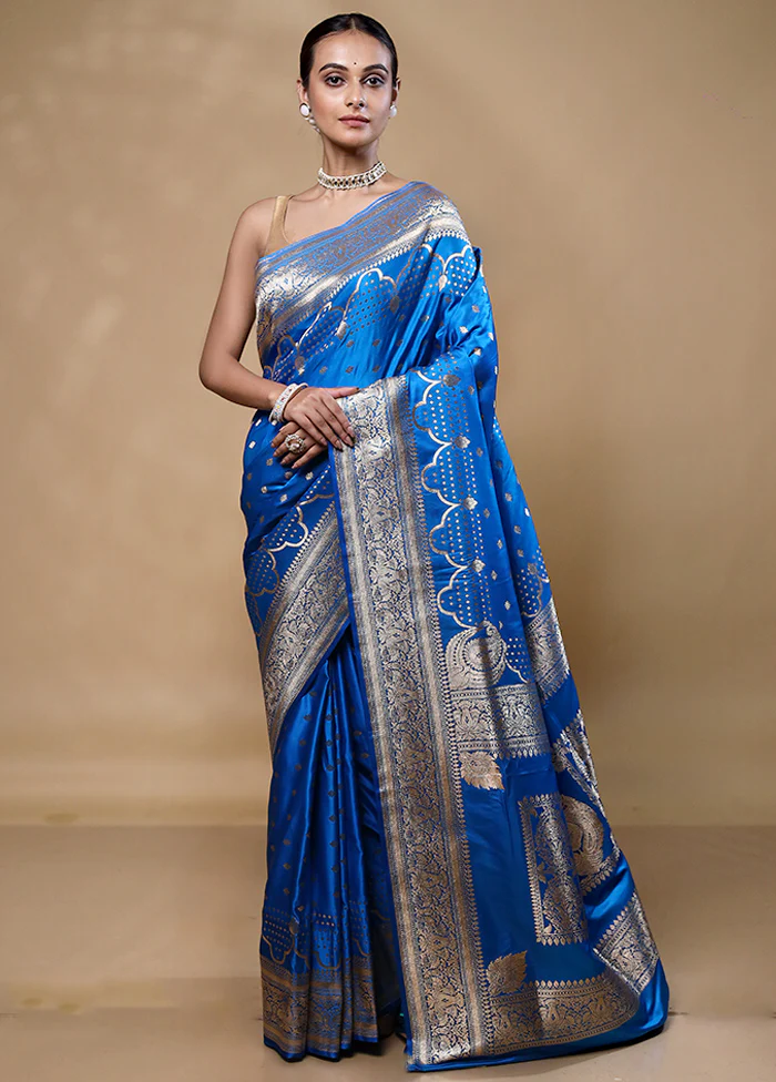 Blue Banarasi Silk Saree With Blouse Piece - Image 2