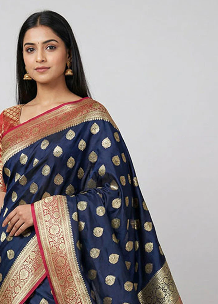 Blue Banarasi Silk Saree With Blouse Piece - Image 2