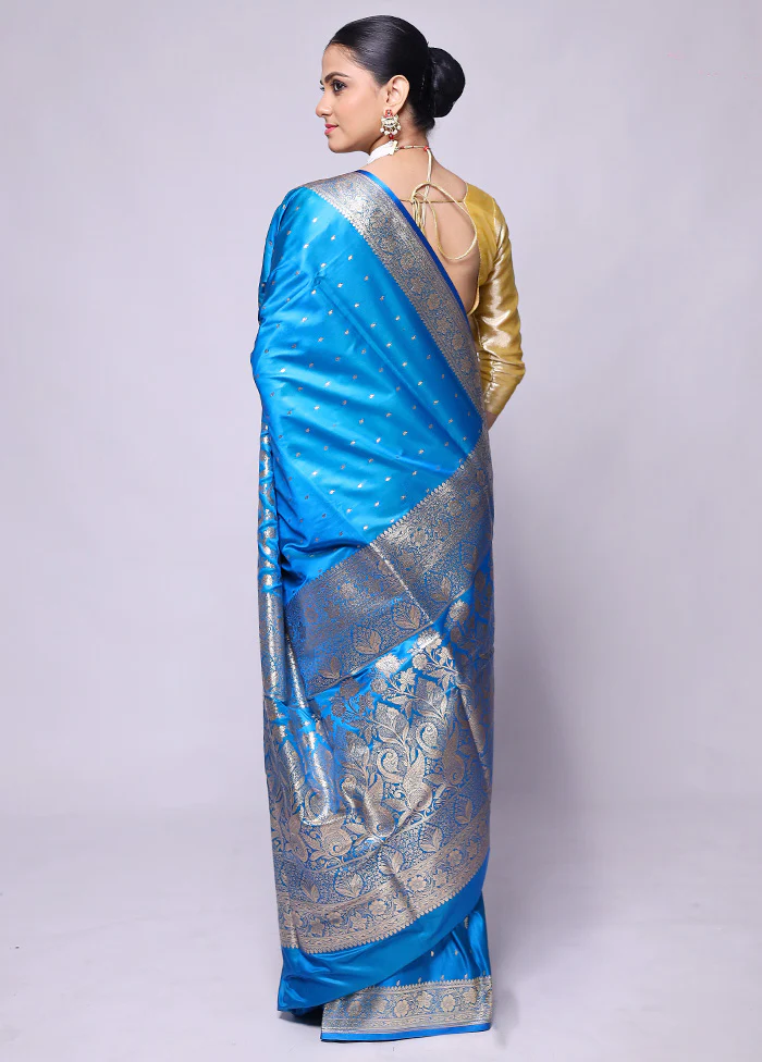 Blue Banarasi Silk Saree With Blouse Piece - Image 3