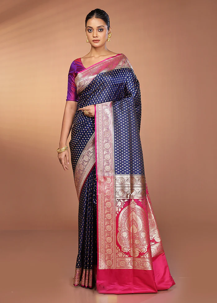 Blue Banarasi Silk Saree With Blouse Piece - Image 2