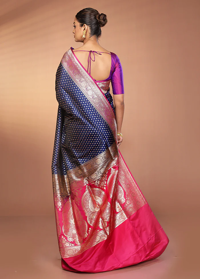 Blue Banarasi Silk Saree With Blouse Piece - Image 3