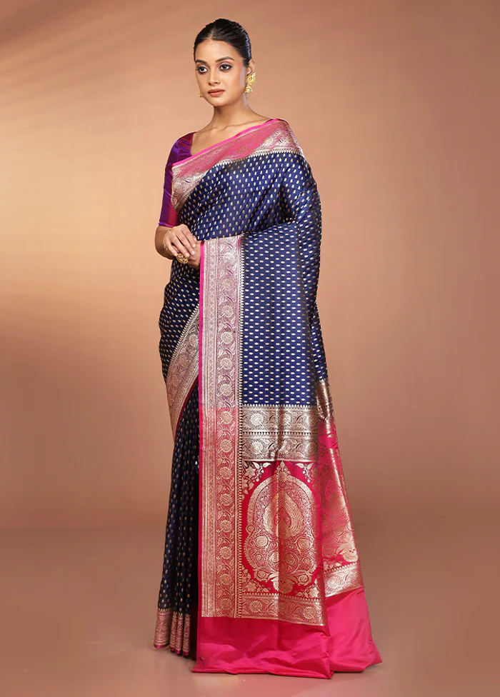 Blue Banarasi Silk Saree With Blouse Piece - Image 4