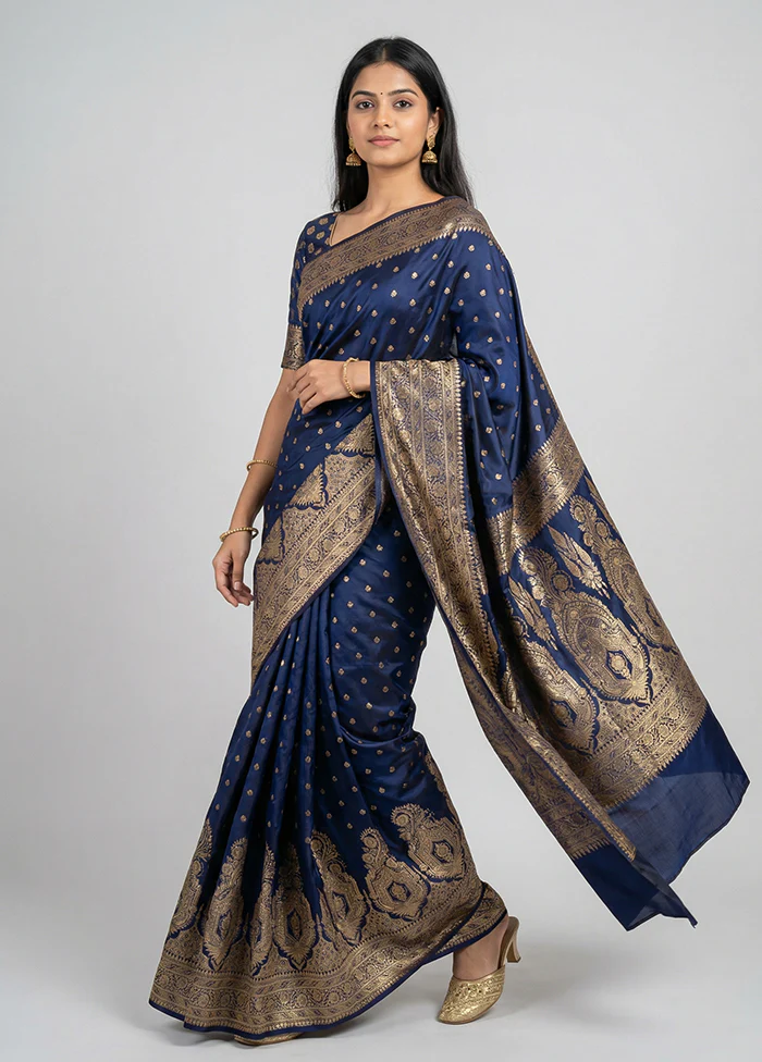 Blue Banarasi Silk Saree With Blouse Piece