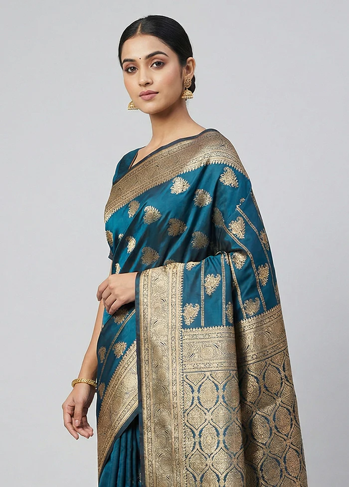 Blue Banarasi Silk Saree With Blouse Piece - Image 2