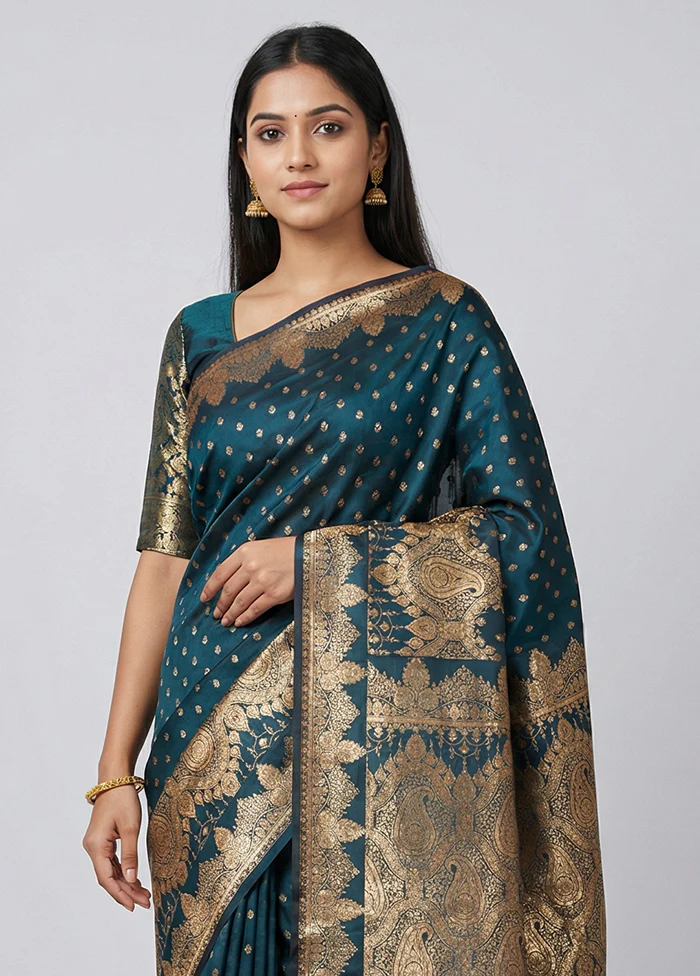 Blue Banarasi Silk Saree With Blouse Piece - Image 2