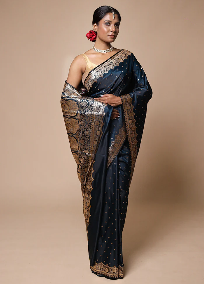 Blue Banarasi Silk Saree With Blouse Piece - Image 2