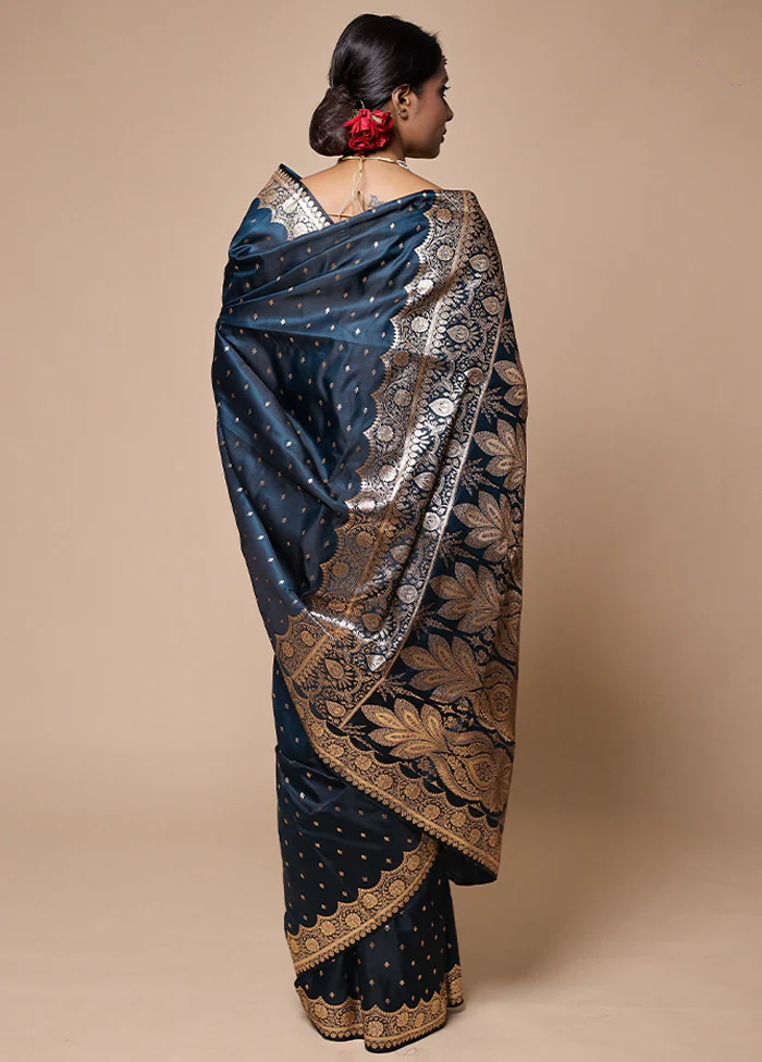 Blue Banarasi Silk Saree With Blouse Piece - Image 3