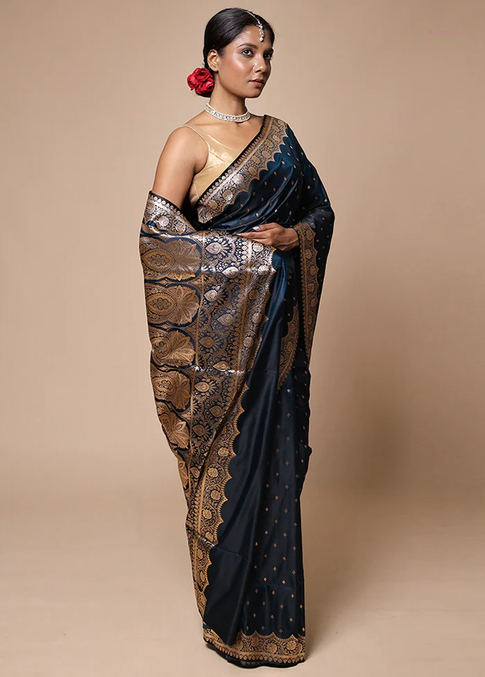 Blue Banarasi Silk Saree With Blouse Piece - Image 4