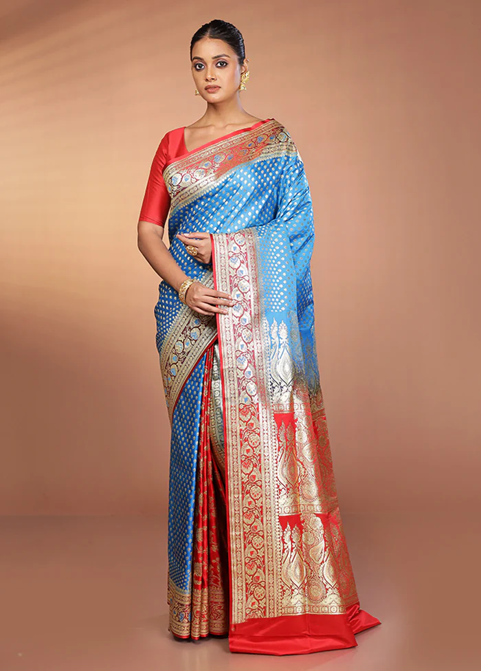 Blue Banarasi Silk Saree With Blouse Piece - Image 2