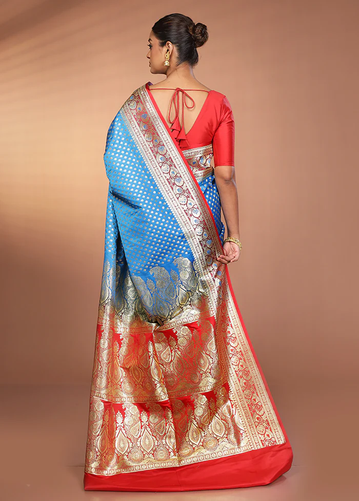 Blue Banarasi Silk Saree With Blouse Piece - Image 3