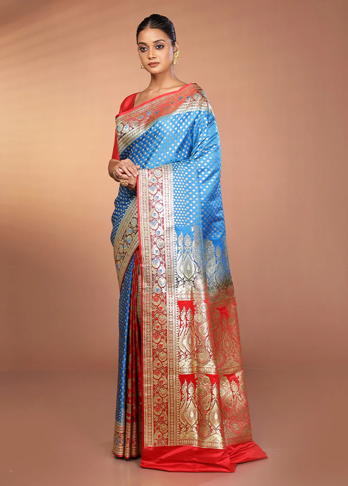 Blue Banarasi Silk Saree With Blouse Piece - Image 4