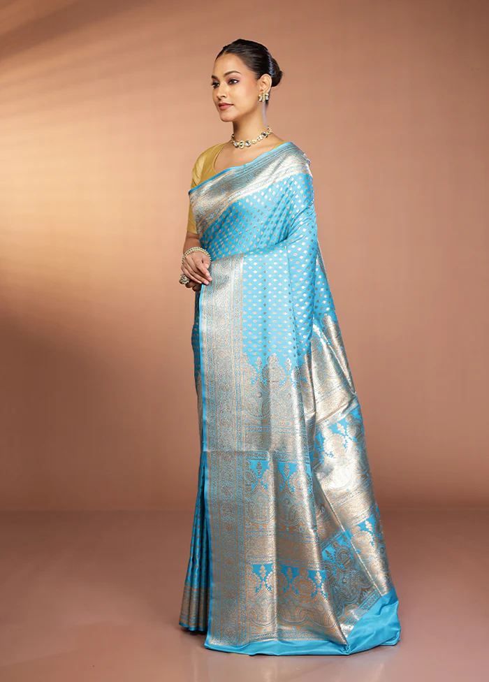 Blue Banarasi Silk Saree With Blouse Piece - Image 4