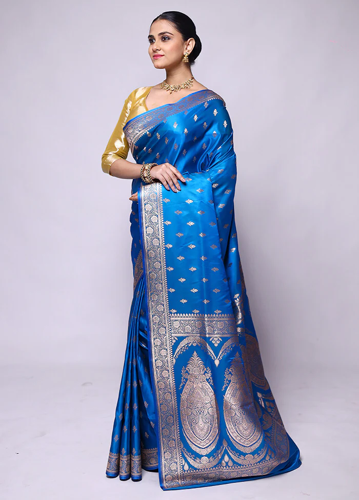 Blue Banarasi Silk Saree With Blouse Piece - Image 4