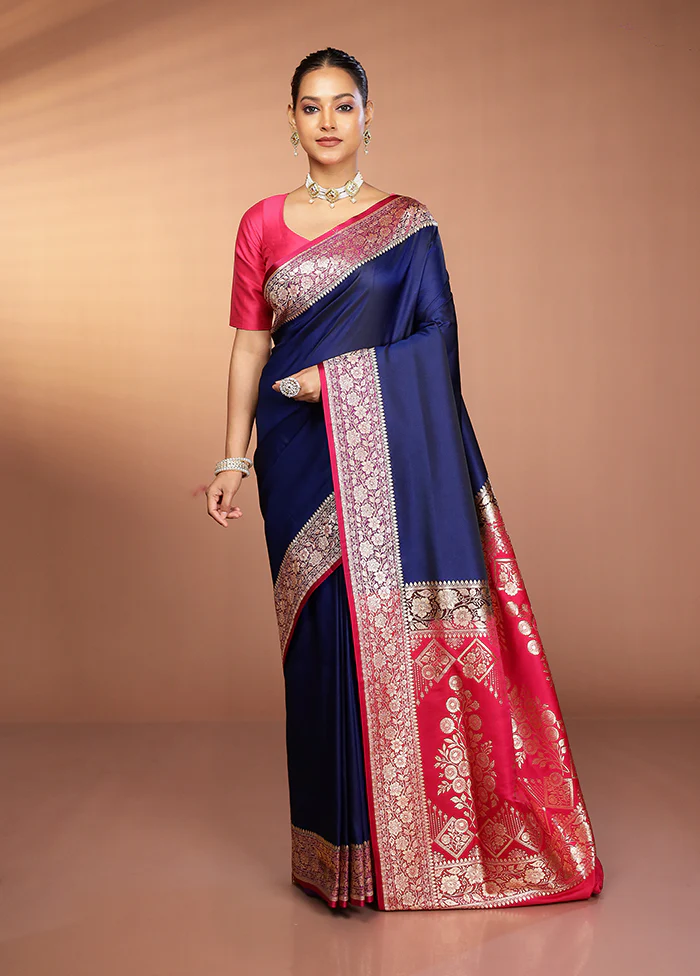 Blue Banarasi Silk Saree With Blouse Piece - Image 2