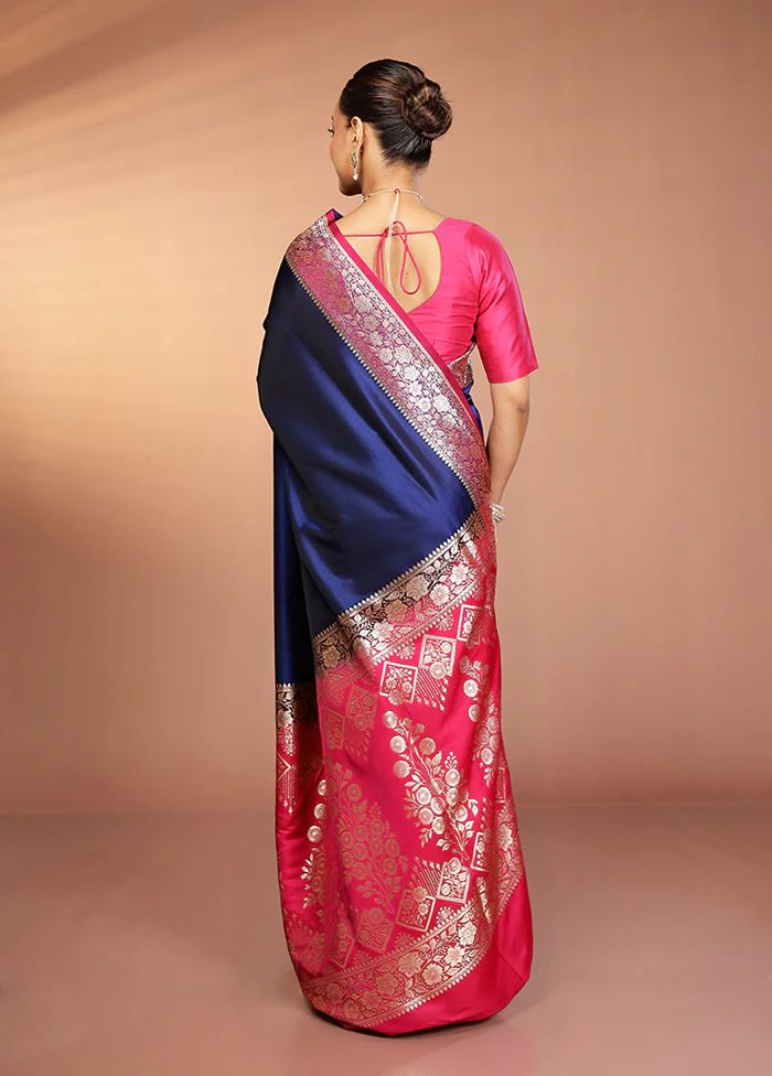 Blue Banarasi Silk Saree With Blouse Piece - Image 3