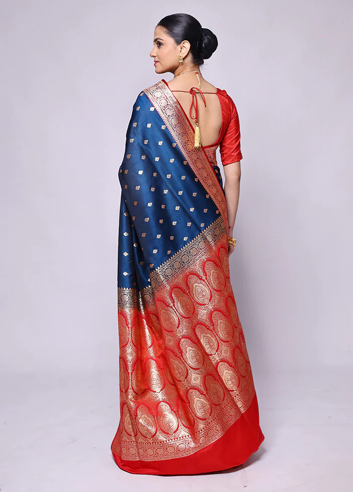 Blue Banarasi Silk Saree With Blouse Piece - Image 3