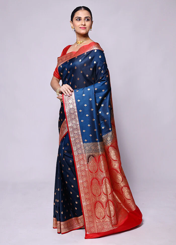 Blue Banarasi Silk Saree With Blouse Piece - Image 4