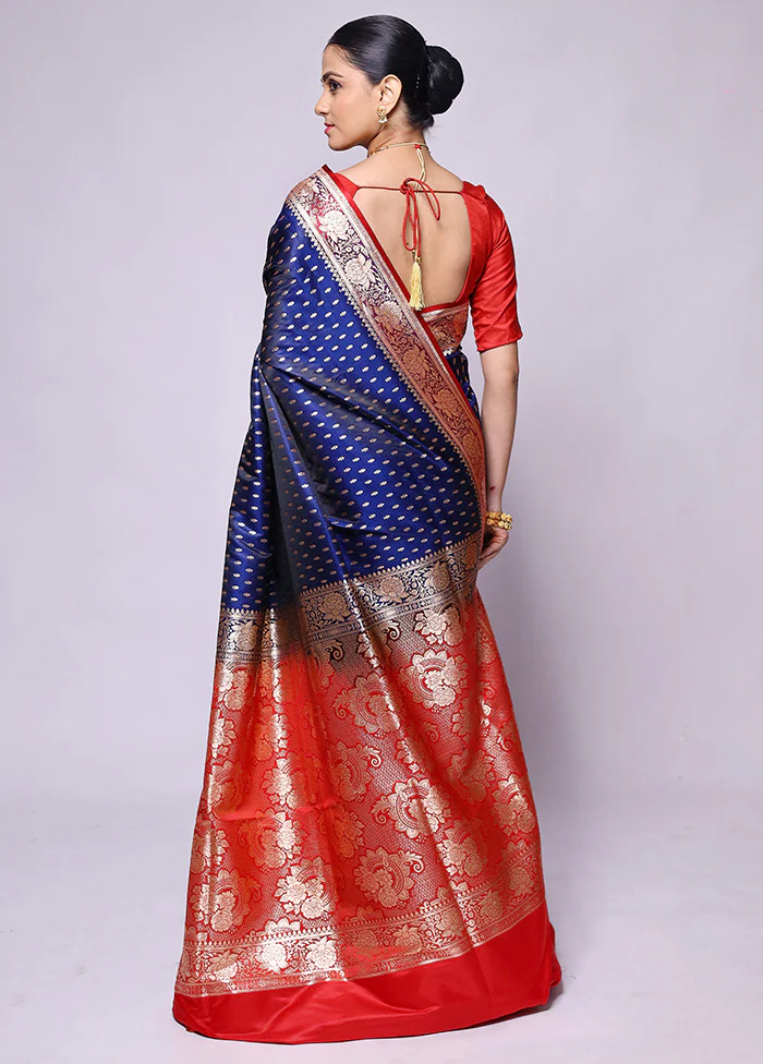 Blue Banarasi Silk Saree With Blouse Piece - Image 3