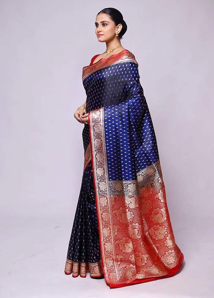 Blue Banarasi Silk Saree With Blouse Piece - Image 4