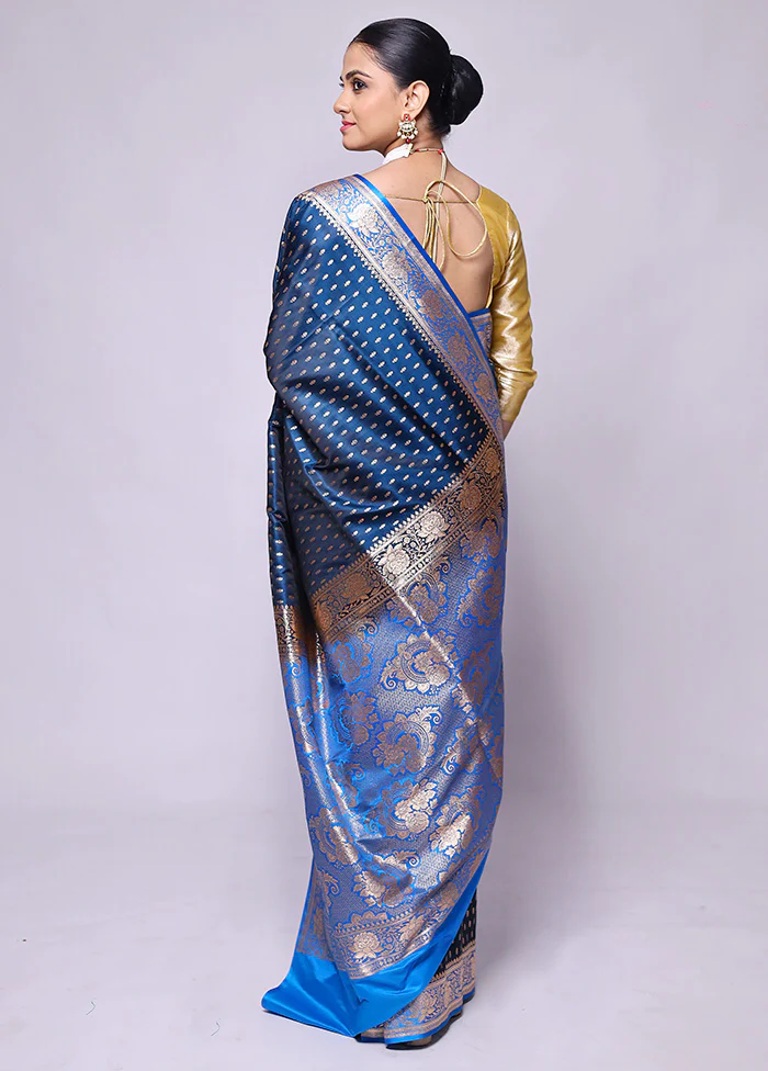 Blue Banarasi Silk Saree With Blouse Piece - Image 3