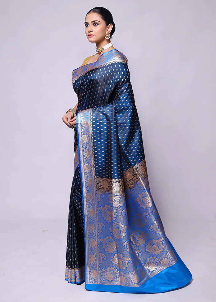 Blue Banarasi Silk Saree With Blouse Piece - Image 4