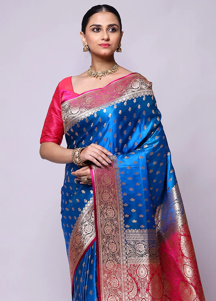 Blue Banarasi Silk Saree With Blouse Piece - Image 2