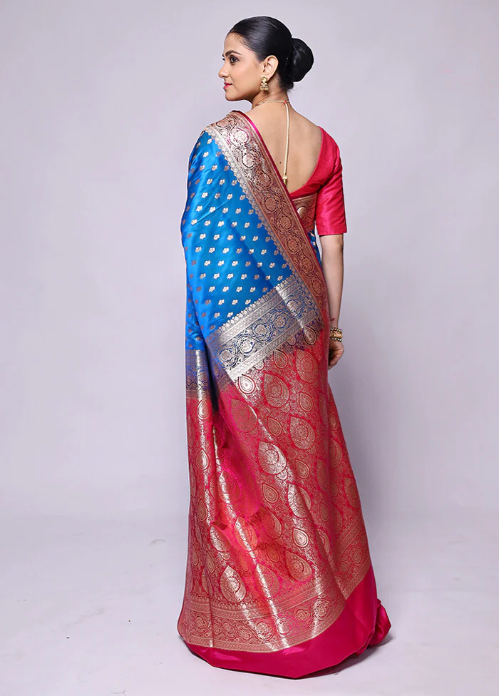 Blue Banarasi Silk Saree With Blouse Piece - Image 3