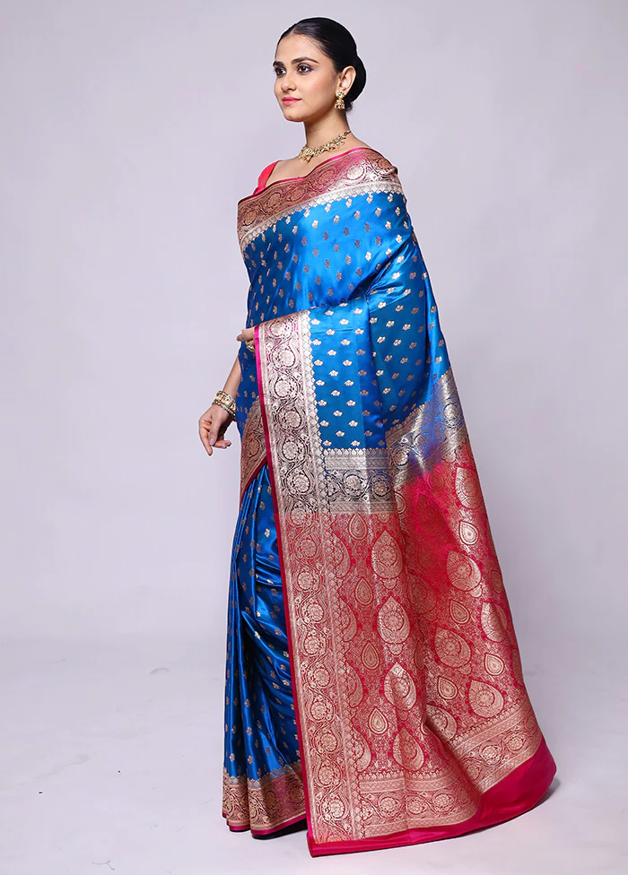 Blue Banarasi Silk Saree With Blouse Piece - Image 4