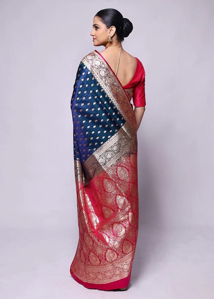Blue Banarasi Silk Saree With Blouse Piece - Image 3