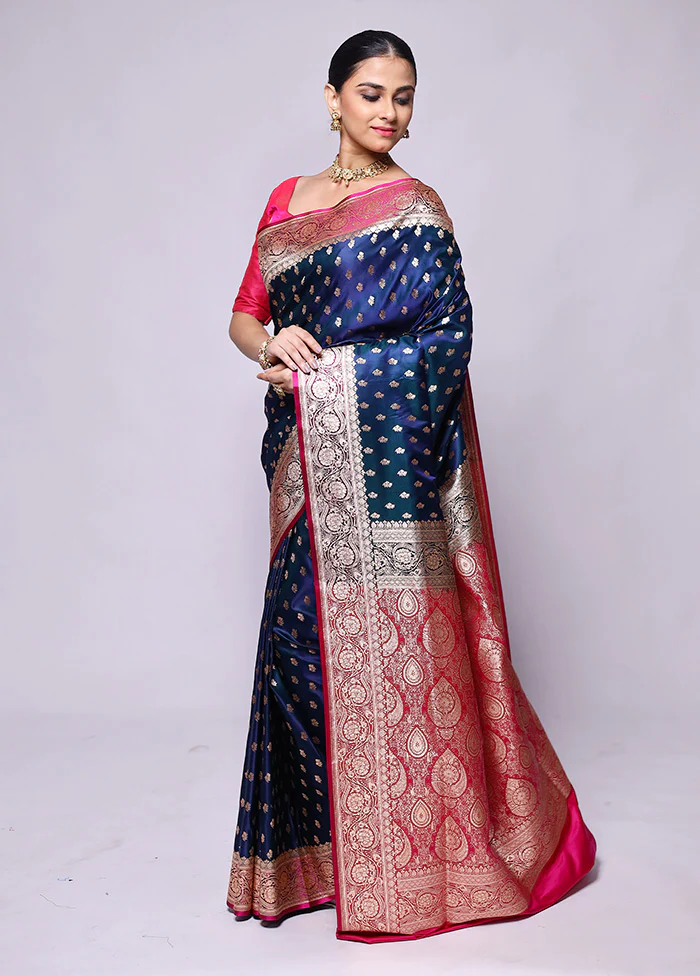 Blue Banarasi Silk Saree With Blouse Piece - Image 4