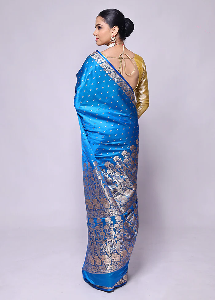 Blue Banarasi Silk Saree With Blouse Piece - Image 3