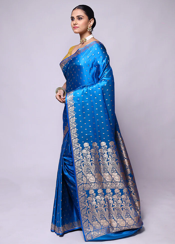Blue Banarasi Silk Saree With Blouse Piece - Image 4