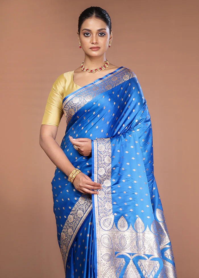 Blue Banarasi Silk Saree With Blouse Piece
