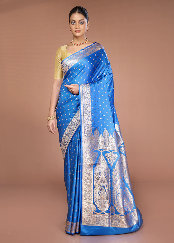 Blue Banarasi Silk Saree With Blouse Piece - Image 2
