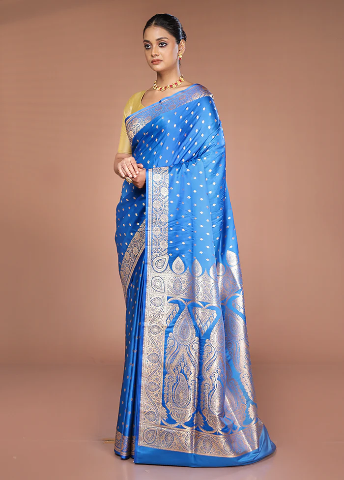 Blue Banarasi Silk Saree With Blouse Piece - Image 4