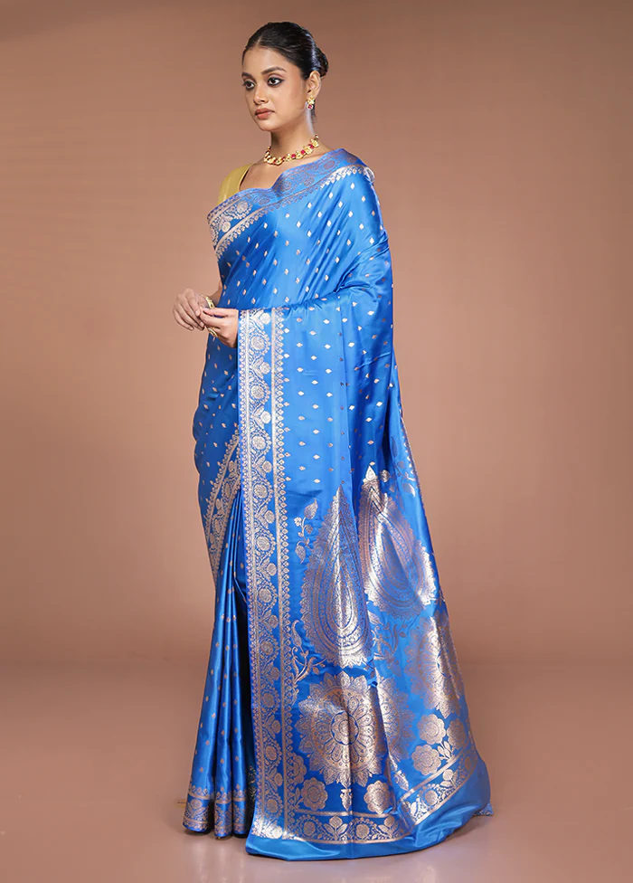 Blue Banarasi Silk Saree With Blouse Piece - Image 4