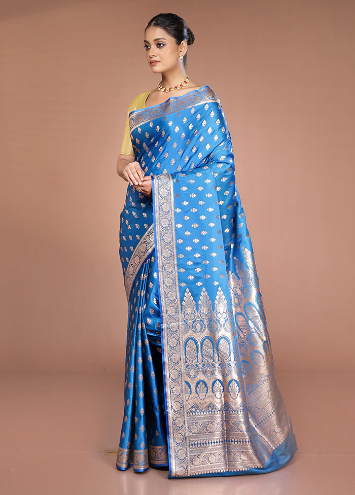 Blue Banarasi Silk Saree With Blouse Piece - Image 4
