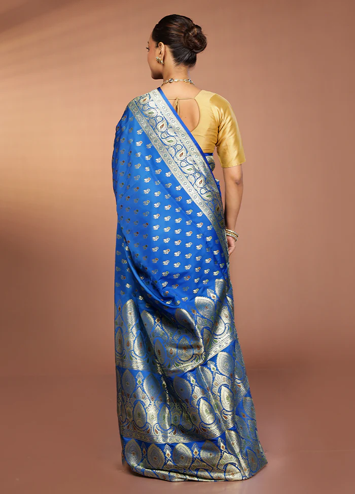 Blue Banarasi Silk Saree With Blouse Piece - Image 3