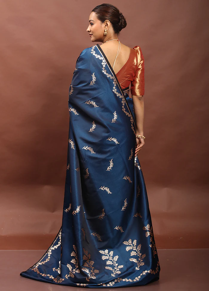 Blue Banarasi Silk Saree With Blouse Piece - Image 3