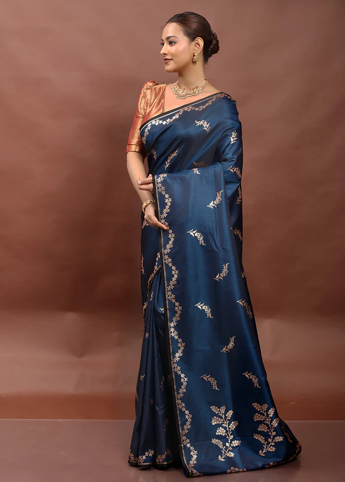 Blue Banarasi Silk Saree With Blouse Piece - Image 4