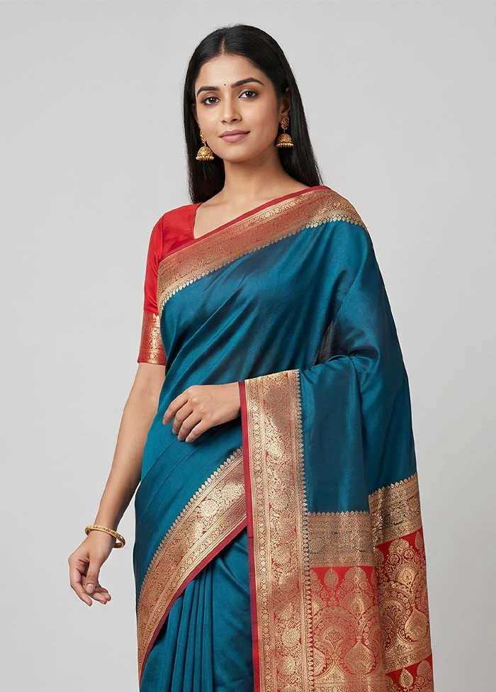 Blue Banarasi Silk Saree With Blouse Piece - Image 2