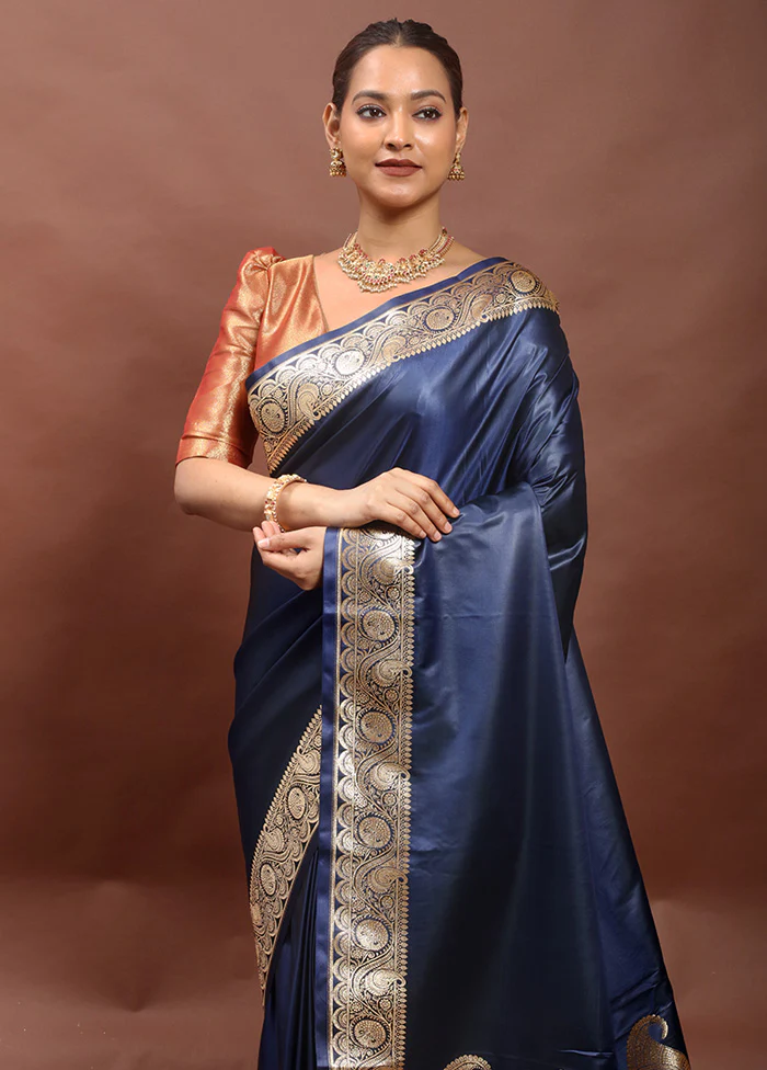 Blue Banarasi Silk Saree With Blouse Piece - Image 2