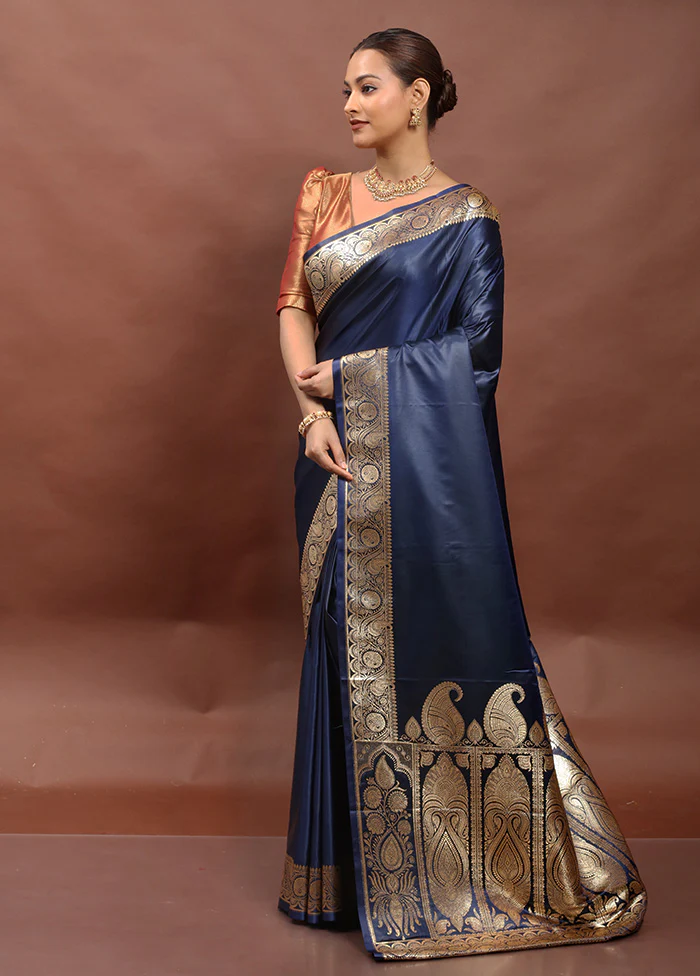 Blue Banarasi Silk Saree With Blouse Piece - Image 4