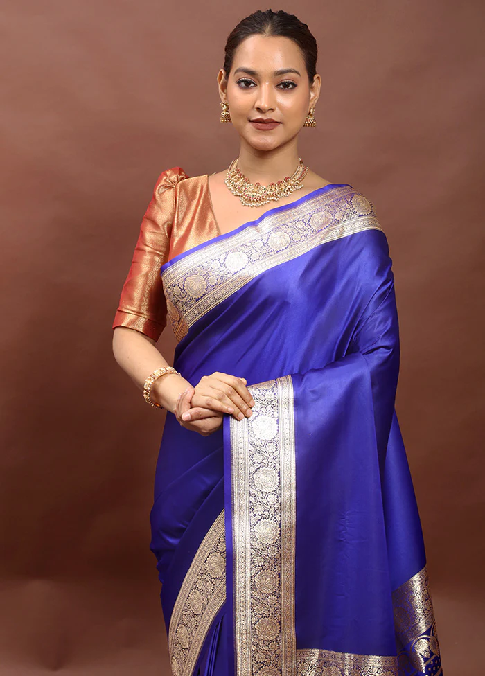 Blue Banarasi Silk Saree With Blouse Piece - Image 2
