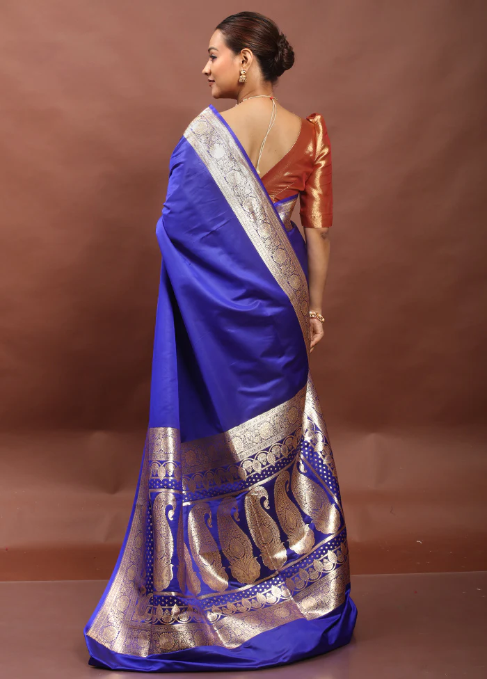 Blue Banarasi Silk Saree With Blouse Piece - Image 3