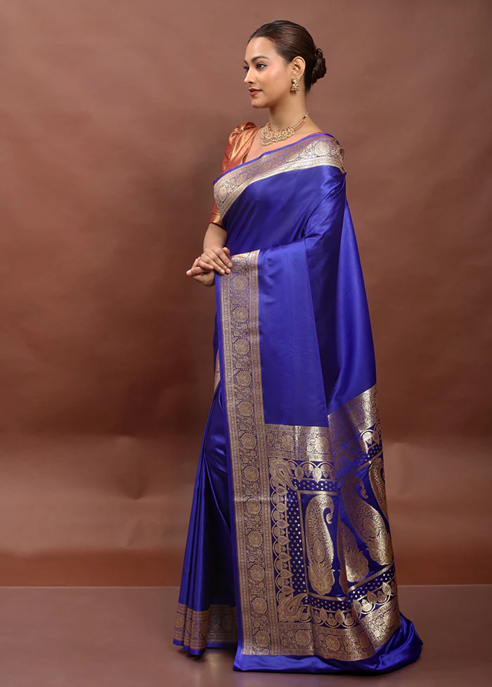 Blue Banarasi Silk Saree With Blouse Piece - Image 4